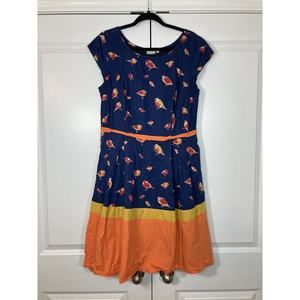 eShakti Blue and Orange Bird Print Mini Dress